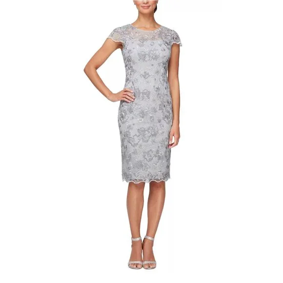 Alex Evenings Petite Embroidered Sheath Dress - Dove - Size 6P